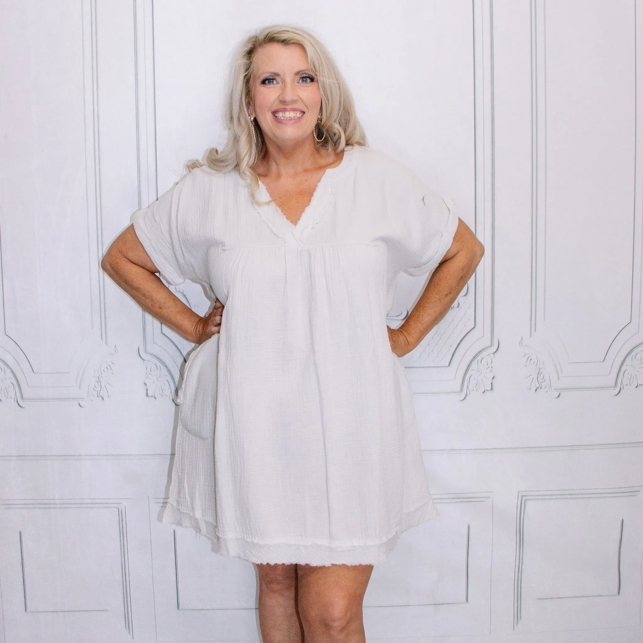 BONE DOUBLE GAUZE RAW EDGE V-NECK DRESS