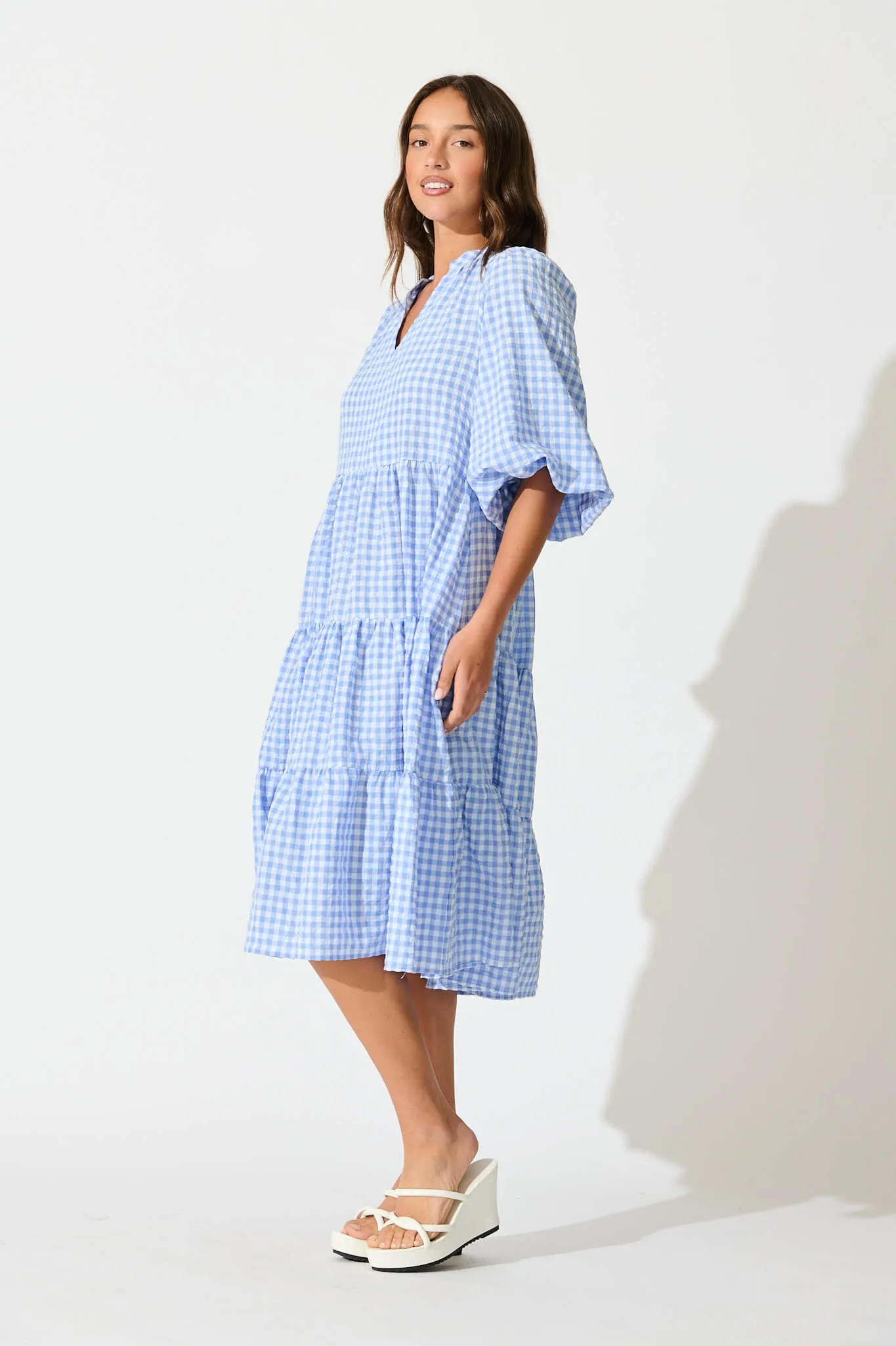 Cornflower Blue Gingham Tiered Dress