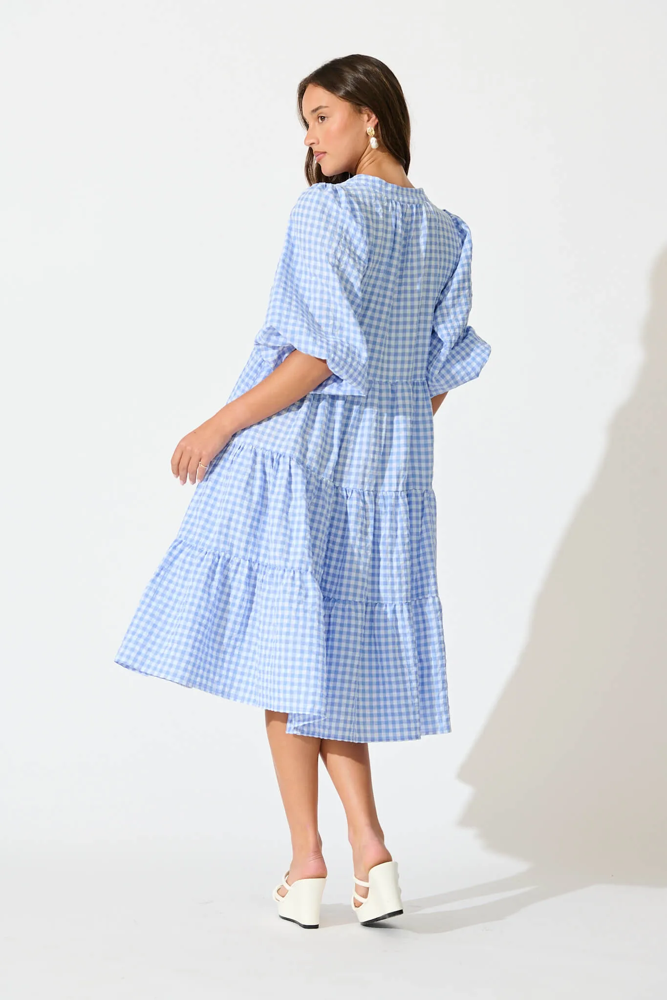 Cornflower Blue Gingham Tiered Dress