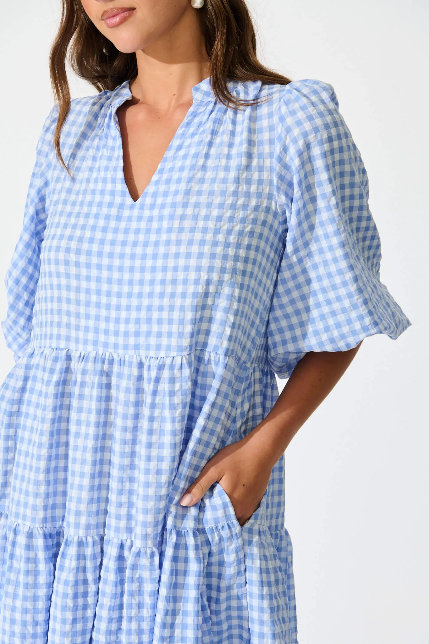 Cornflower Blue Gingham Tiered Dress