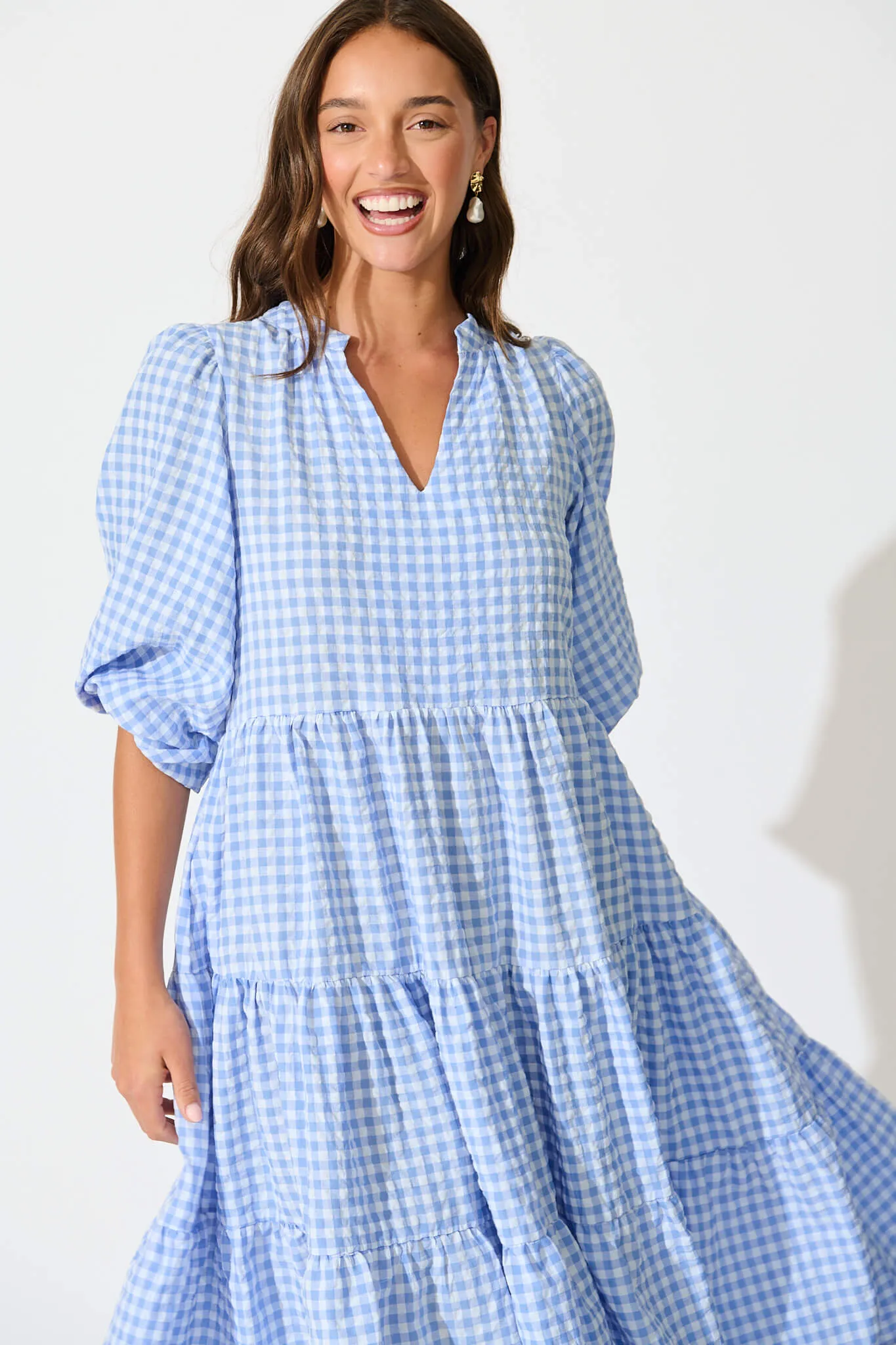 Cornflower Blue Gingham Tiered Dress