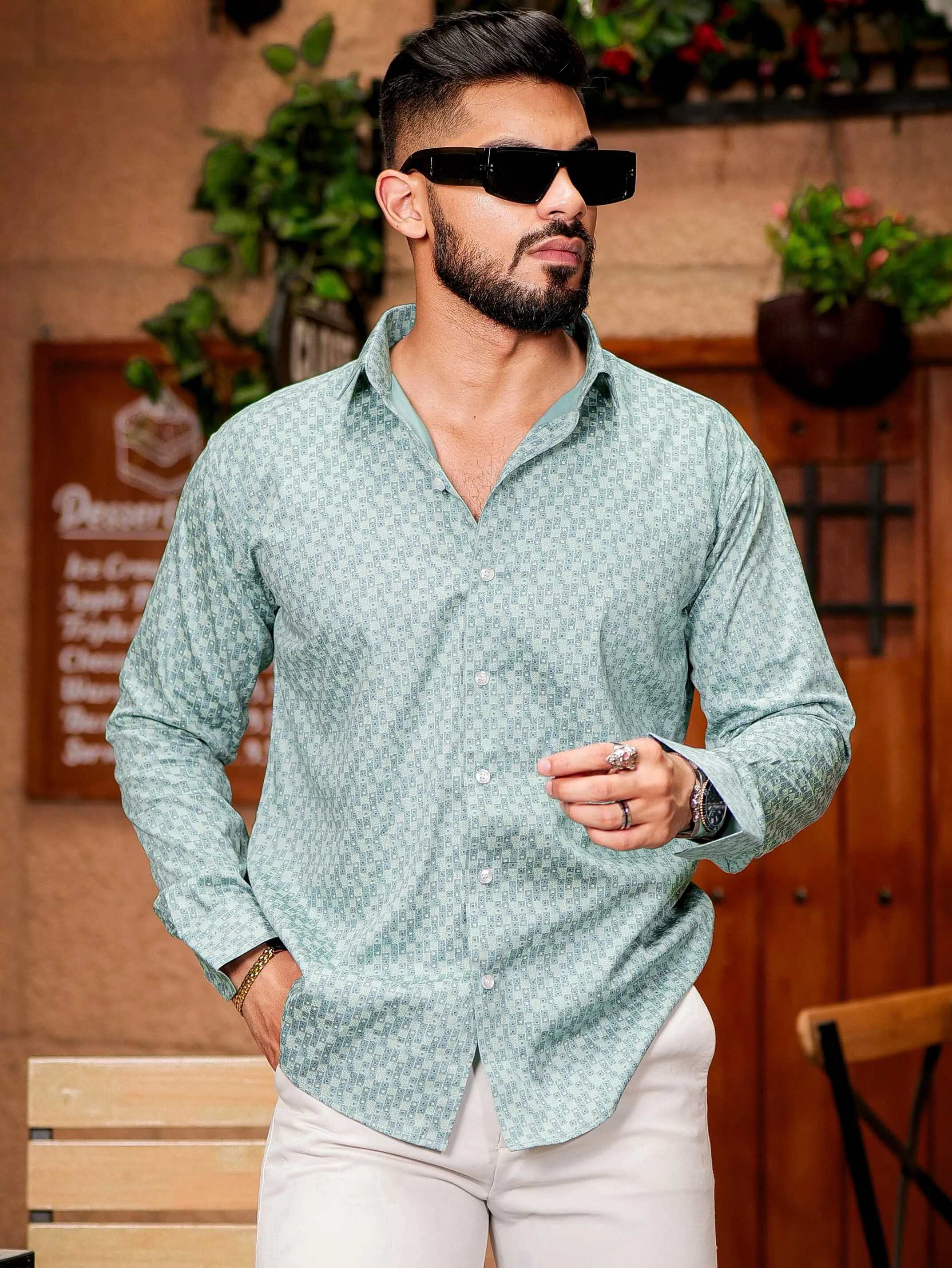 Green Satin Print Premium Shirt