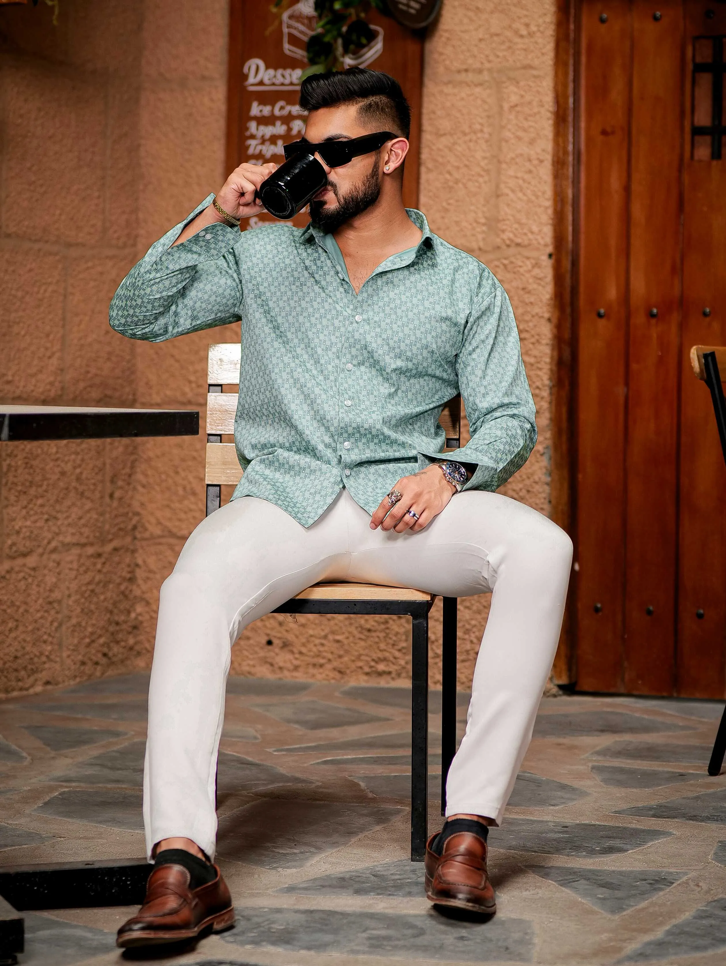 Green Satin Print Premium Shirt