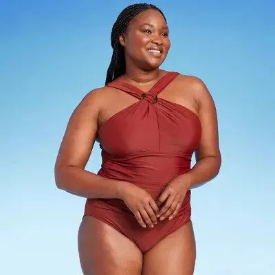 Kona Sol Women's Ruched One Piece Swimsuit Ring Crossover Full Coverage
