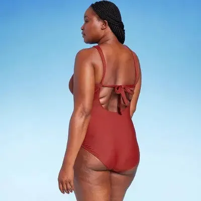 Kona Sol Women's Ruched One Piece Swimsuit Ring Crossover Full Coverage