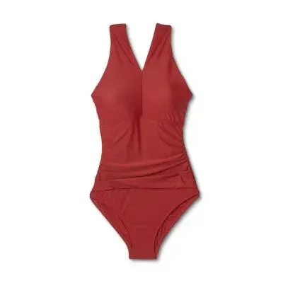 Kona Sol Women's Ruched One Piece Swimsuit Ring Crossover Full Coverage