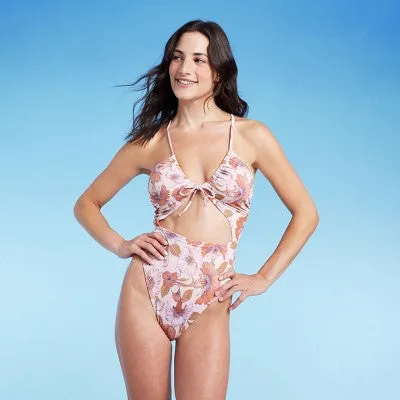 New - Women's Ribbed Plunge Front Cut Out One Piece Swimsuit - Shade & Shore Cream