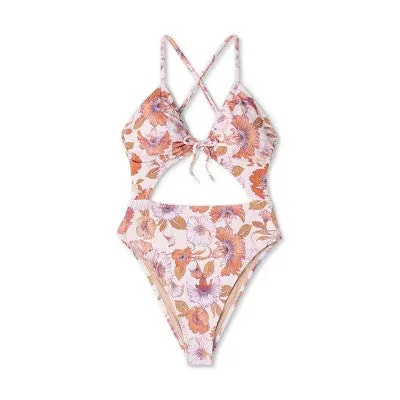 New - Women's Ribbed Plunge Front Cut Out One Piece Swimsuit - Shade & Shore Cream