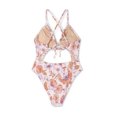 New - Women's Ribbed Plunge Front Cut Out One Piece Swimsuit - Shade & Shore Cream