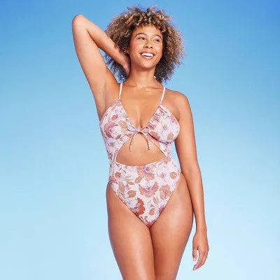 New - Women's Ribbed Plunge Front Cut Out One Piece Swimsuit - Shade & Shore Cream