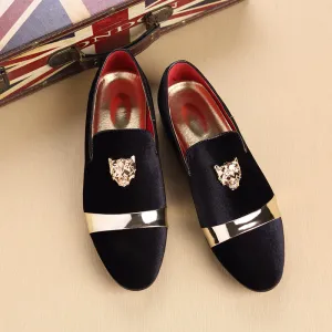 Nubuck leather loafers with golden tiger head buckle