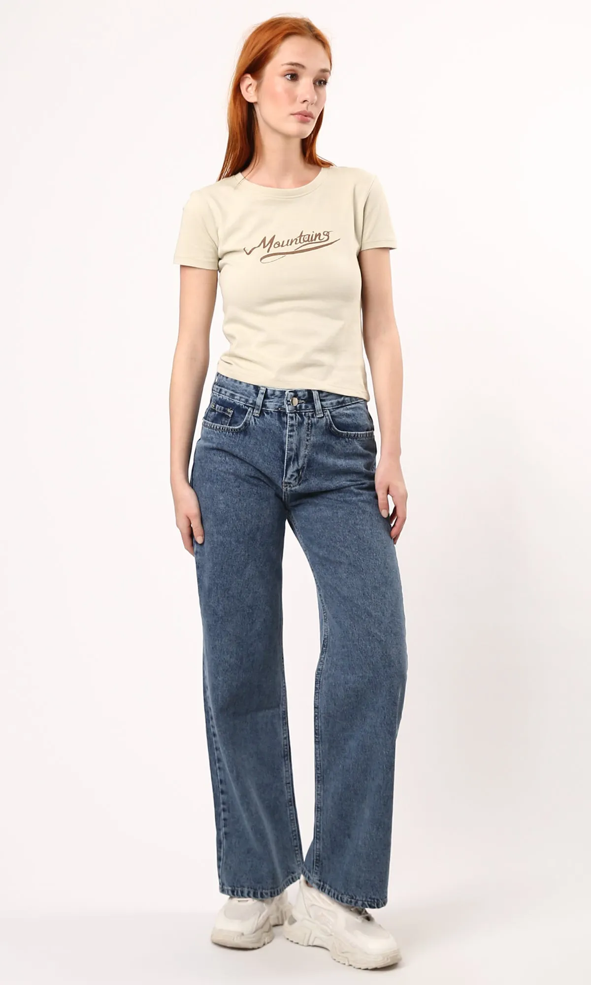 O189257 Crew Neck Printed Beige Short Sleeves Tee