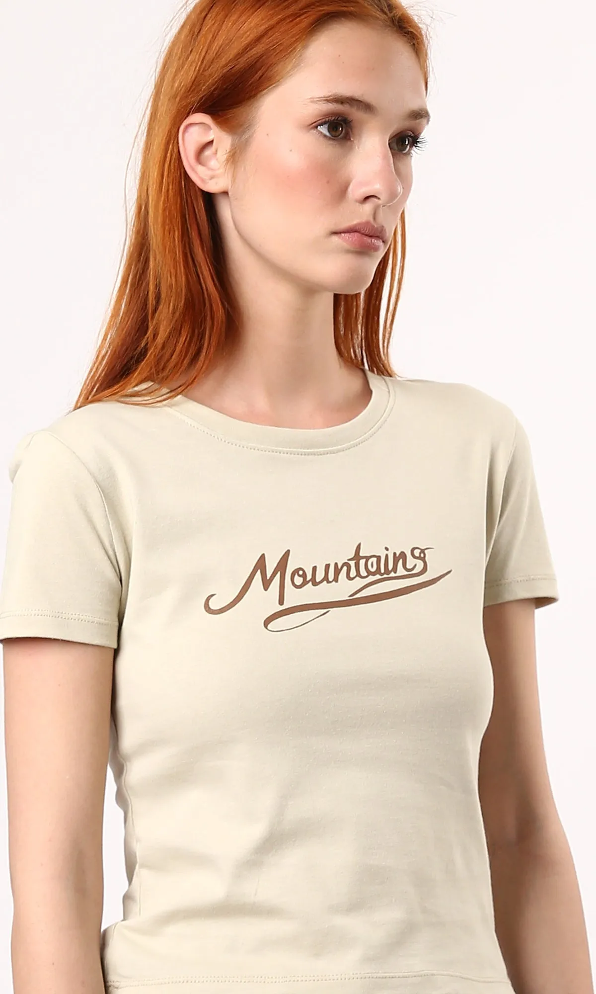 O189257 Crew Neck Printed Beige Short Sleeves Tee
